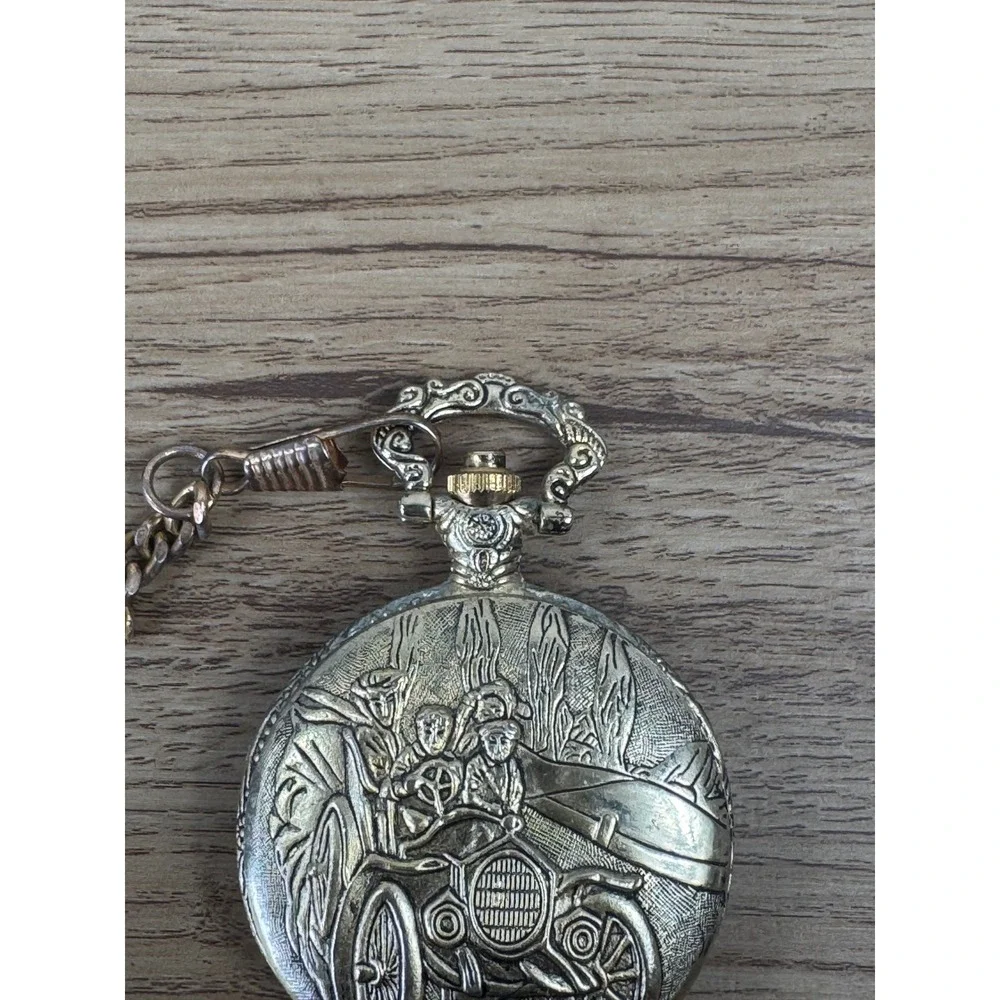 Azur Pocket Watch Gold Tone Vintage Car Embossed Quartz Chain